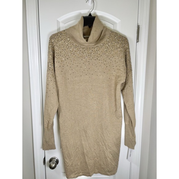 Calvin Klein Dresses & Skirts - Calvin Klein Women's Sweater Dress M Beige Rhinestone Cowl Neck Long Sleeve NWT